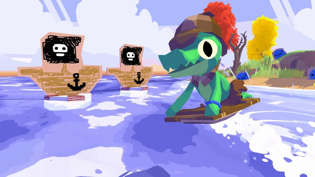 Lil Gator Game screenshot showing the gator surfing on the water using a shield. Cardboard pirate ships float right beside them