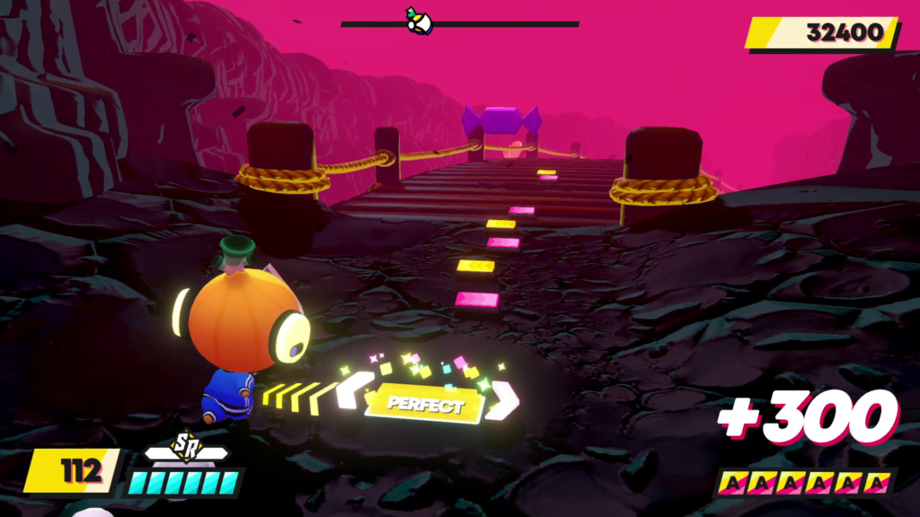 Rhythm Sprout screenshot showing an anthropomorphic onion in a tracksuit approaching a bridge where a piece of candy waits.