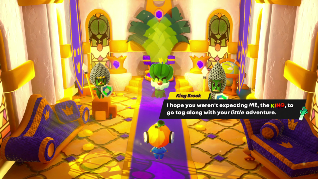 Rhythm Sprout screenshot from a cutscene. The character, King Brock, is saying: "I hope you weren't expecting ME, the KING, to go tag along with your little adventure."